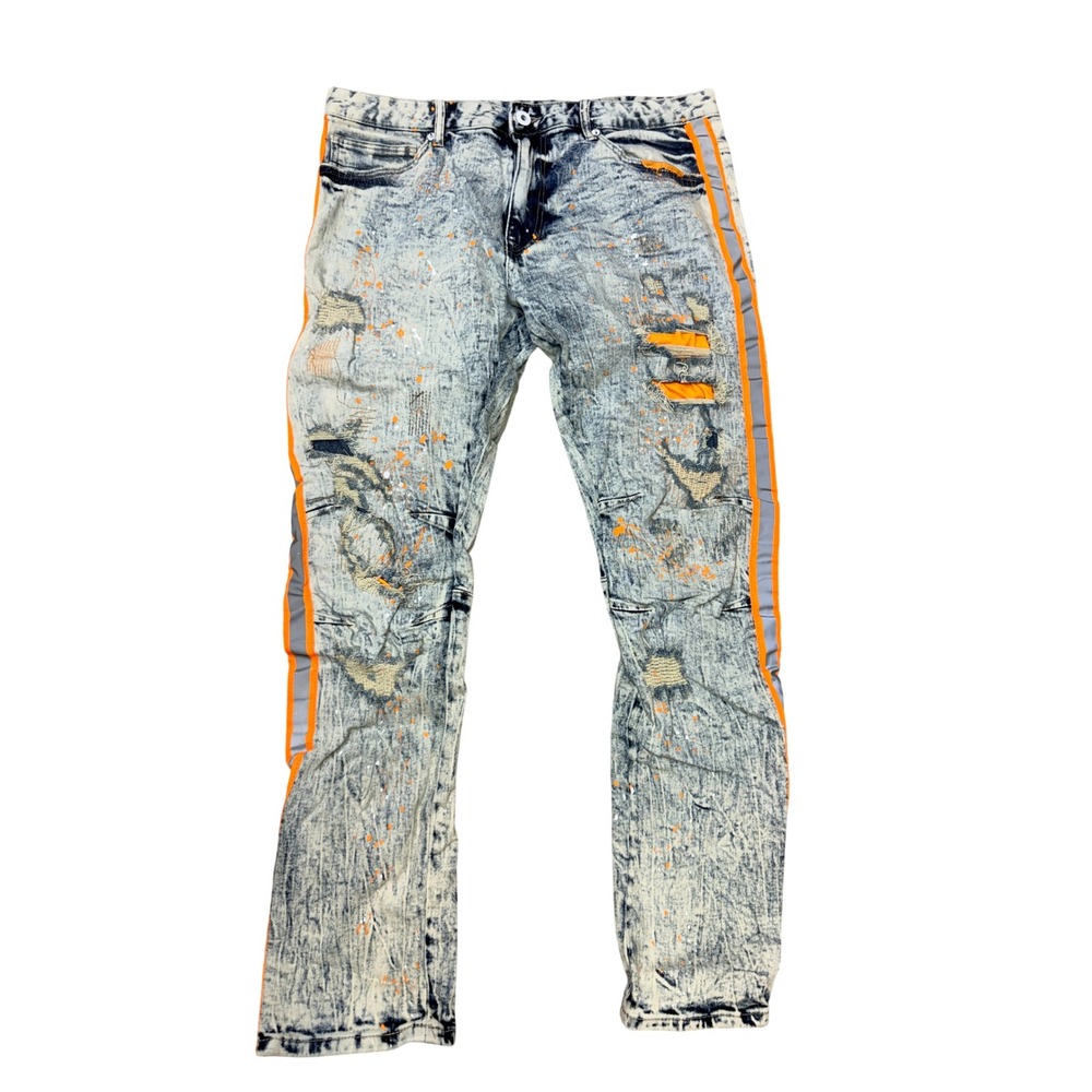 Smoke Rise Mens Acid Wash Distressed Paint Splatter Jeans Orange Stripe 36/32 BG